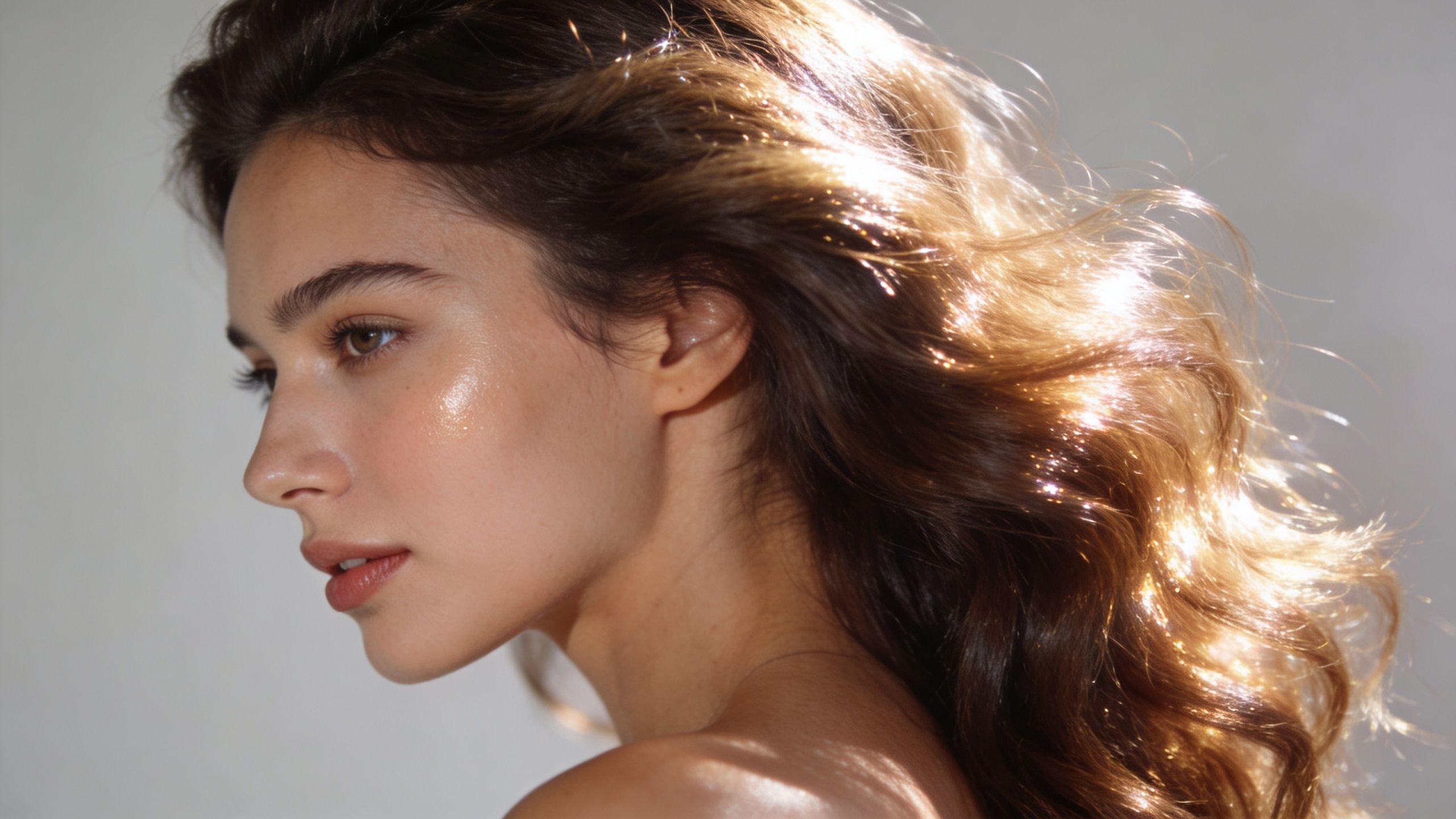 Profil de jeune femme aux cheveux longs et brillants, avec une peau lumineuse et éclatante de santé.