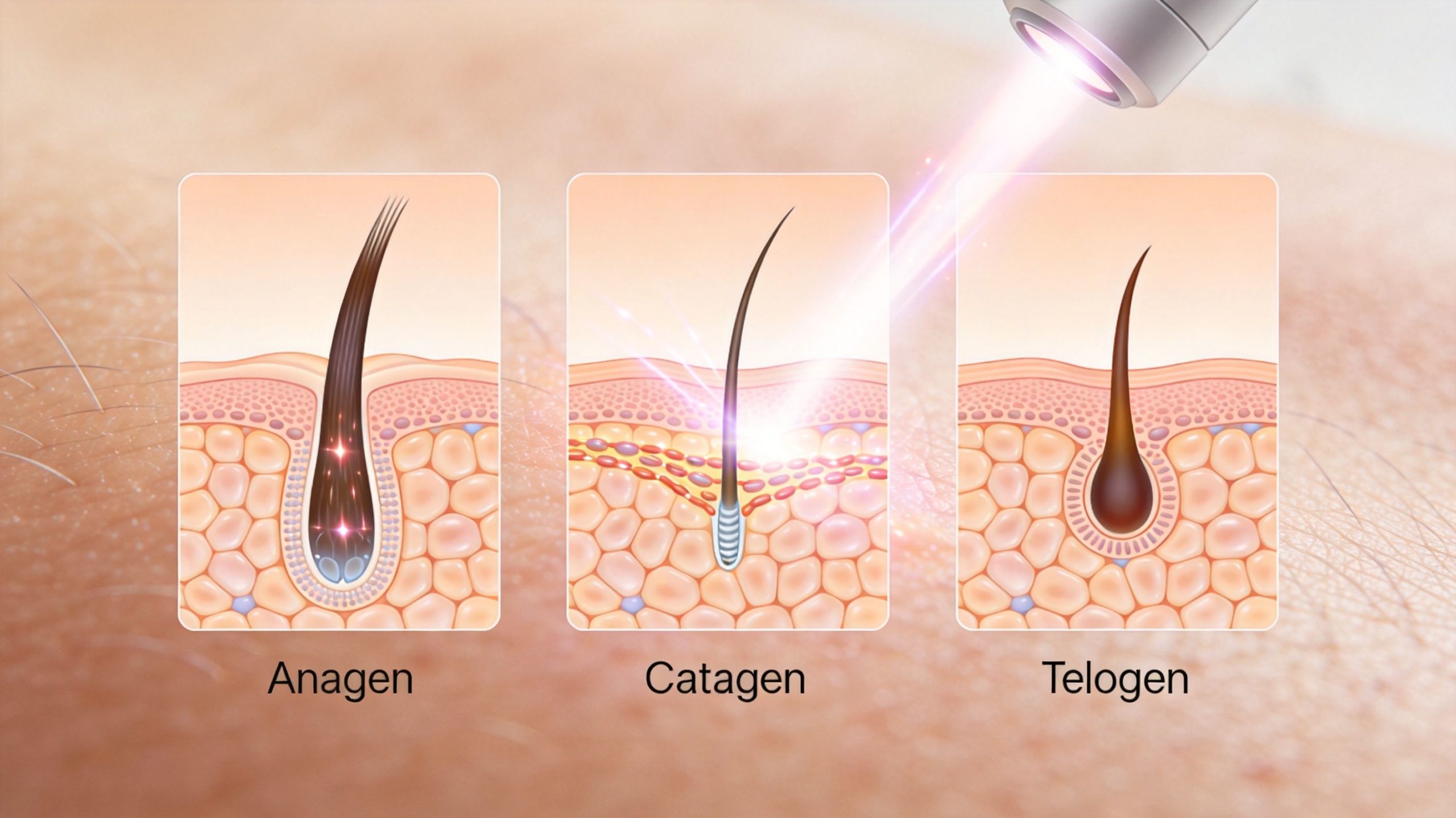 Schéma montrant trois phases du cycle pilaire humain pendant un traitement d'épilation laser sur la peau.