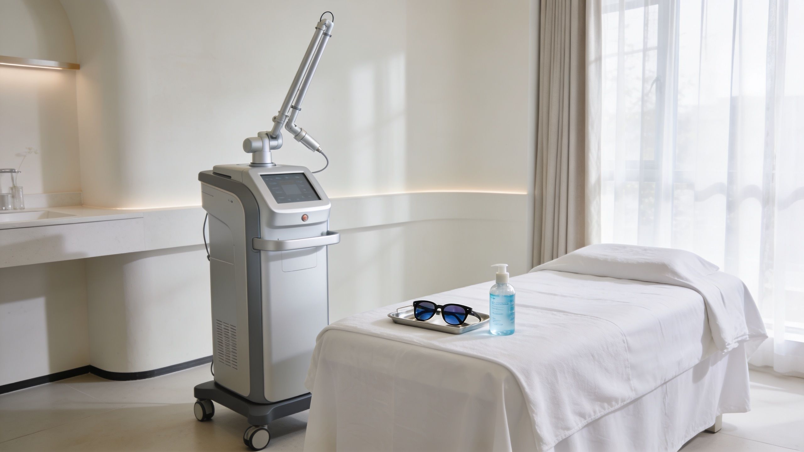 Une salle de traitement esthétique avec une machine d'épilation laser, une table de massage et des lunettes de protection.