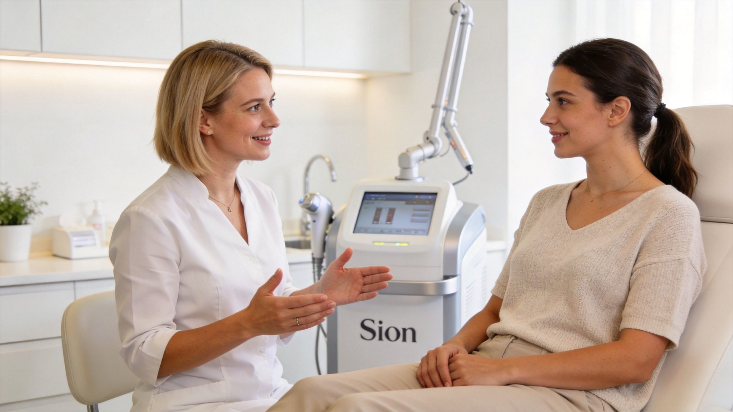 Une dermatologue explique un traitement laser à une patiente dans un cabinet médical esthétique professionnel et lumineux.