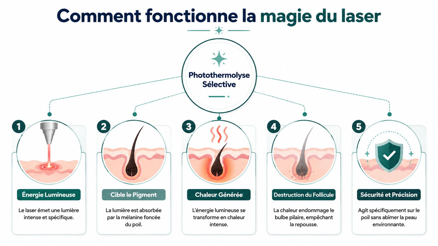 Infographie illustrant le fonctionnement de l'épilation laser par photothermolyse sélective en cinq étapes simples.