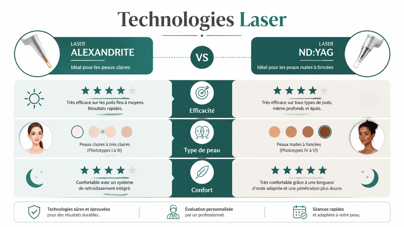Comparatif des technologies d'épilation laser Alexandrite et Nd:Yag selon le type de peau et l'efficacité.