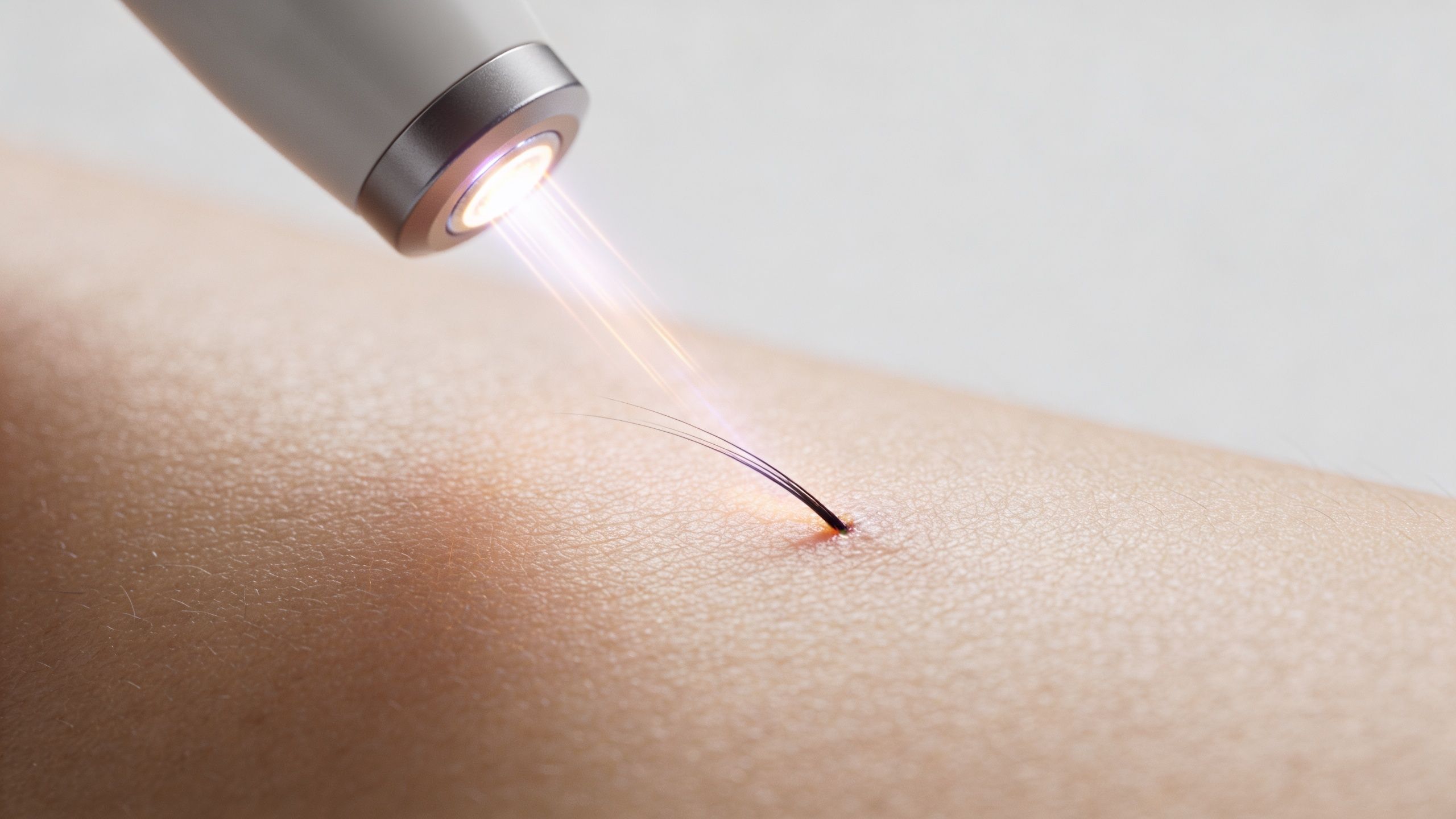 Appareil d'épilation laser professionnel traitant un poil unique sur la peau d'un bras avec précision.