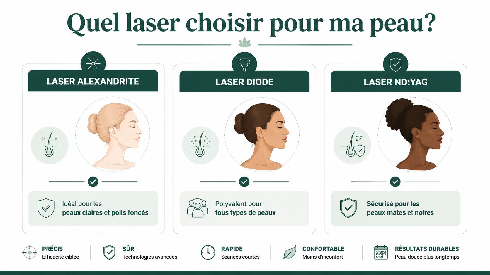 Infographie comparant les différents types de lasers pour l'épilation en fonction du teint de la peau.