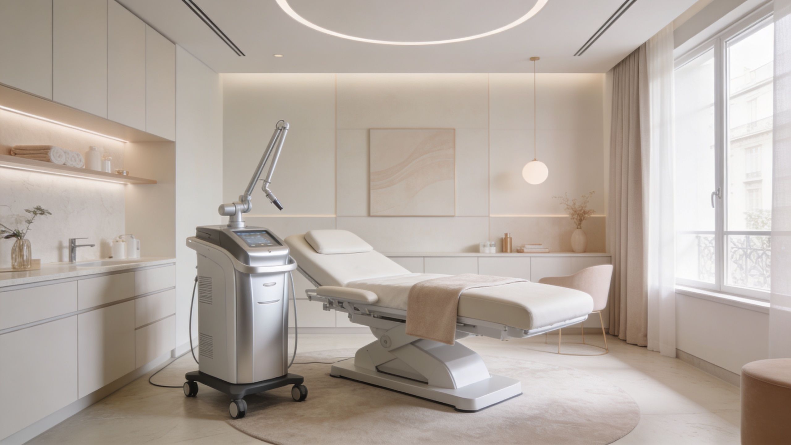 Une salle de traitement esthétique moderne et lumineuse équipée d'un appareil laser médical pour les soins de peau.
