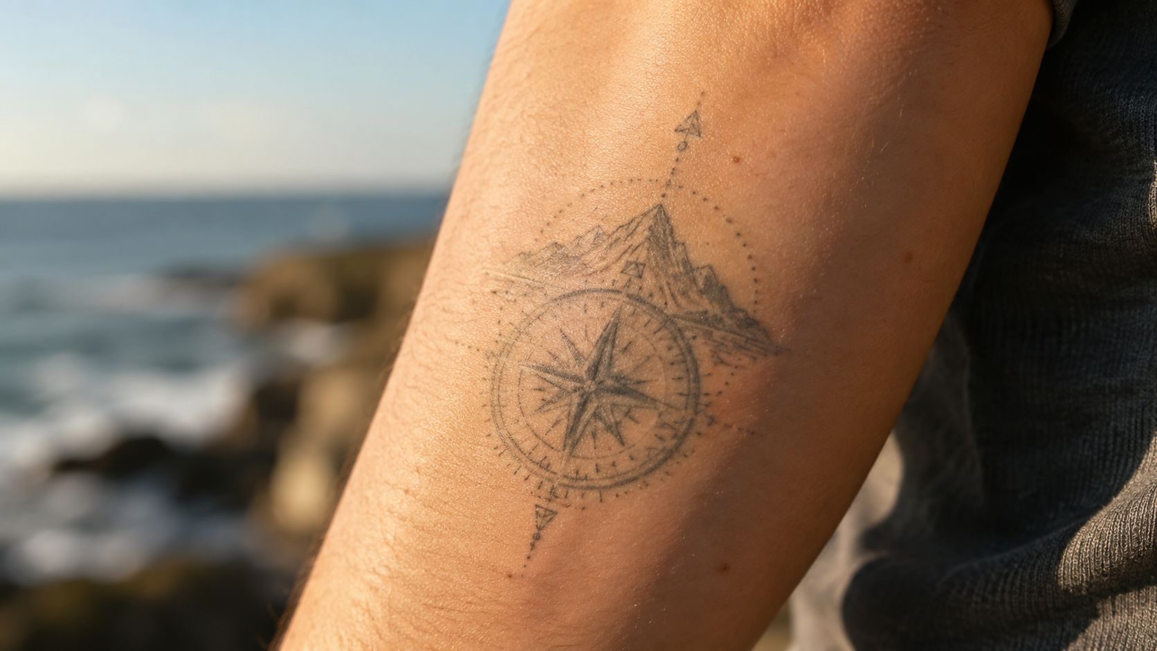 Gros plan sur un tatouage de boussole et de montagnes sur le bras d'un homme.