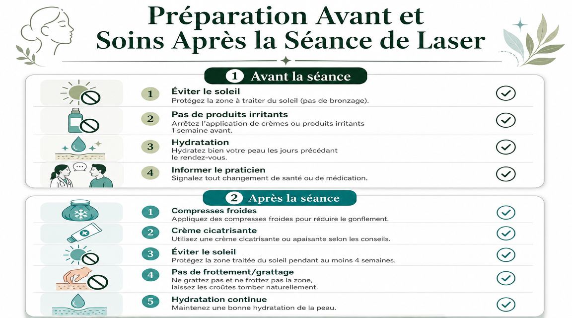 Infographie illustrant les conseils de préparation avant et de soins après une séance de détatouage laser.