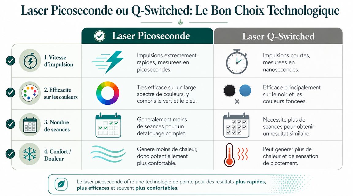 Comparaison entre les technologies laser picoseconde et Q-Switched pour le détatouage efficace et rapide.