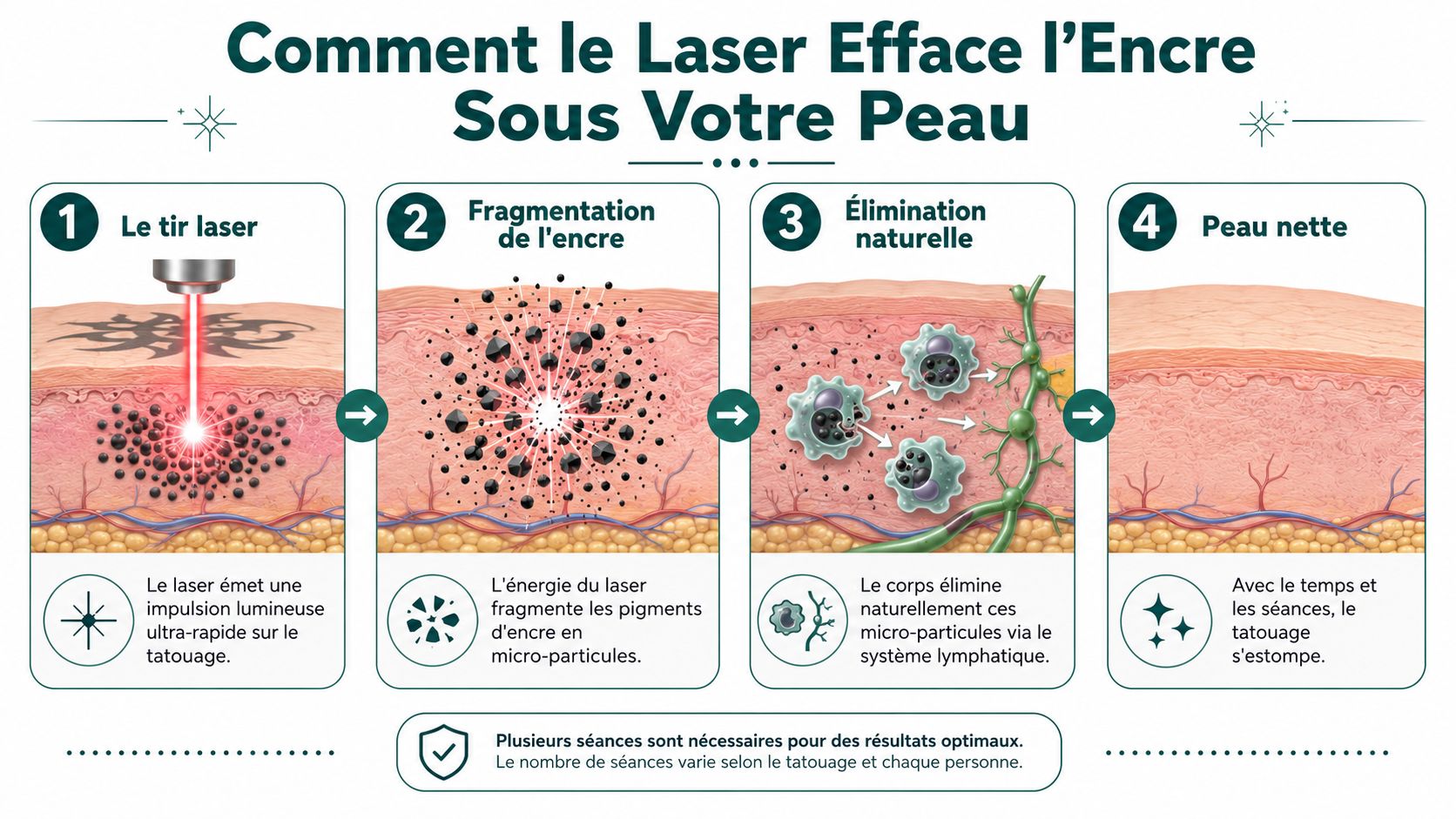 Schéma explicatif montrant les quatre étapes du fonctionnement du détatouage laser sur la peau humaine.