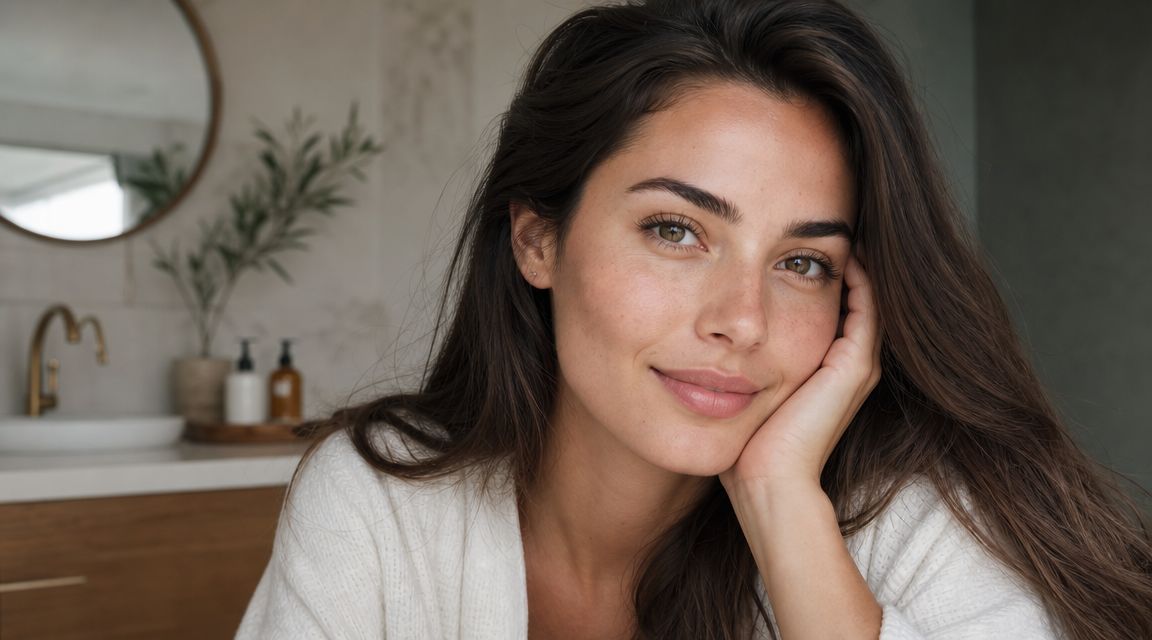 Une jeune femme souriante au naturel, posant avec la main sur la joue dans une salle de bain lumineuse.