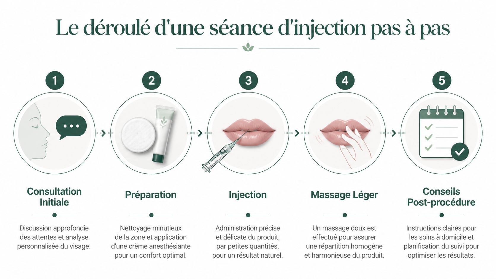 Infographie étape par étape montrant le processus complet d'une séance d'injection dans les lèvres.