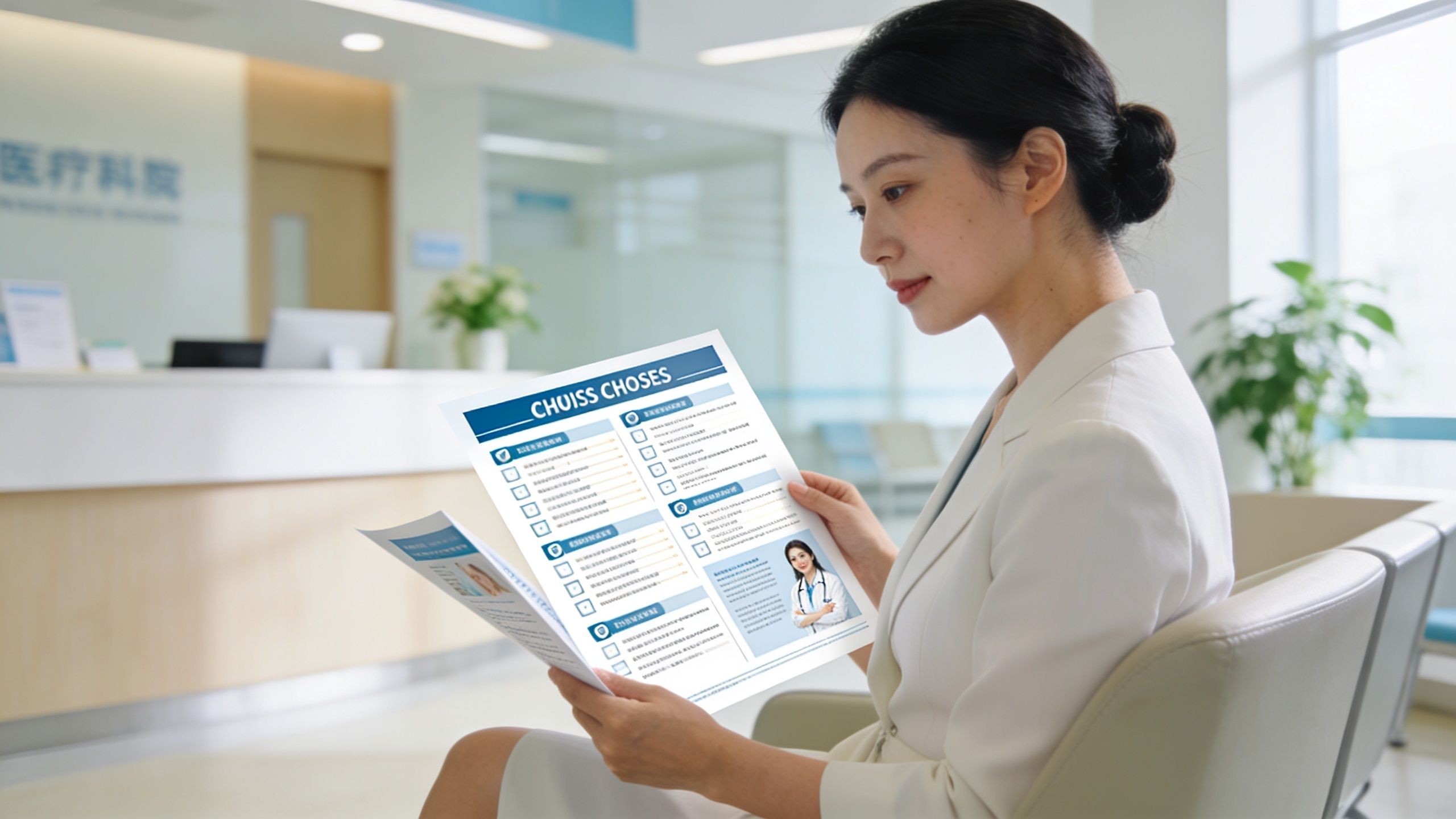 Une femme élégante en costume blanc lit une brochure médicale dans la salle d'attente d'une clinique moderne.
