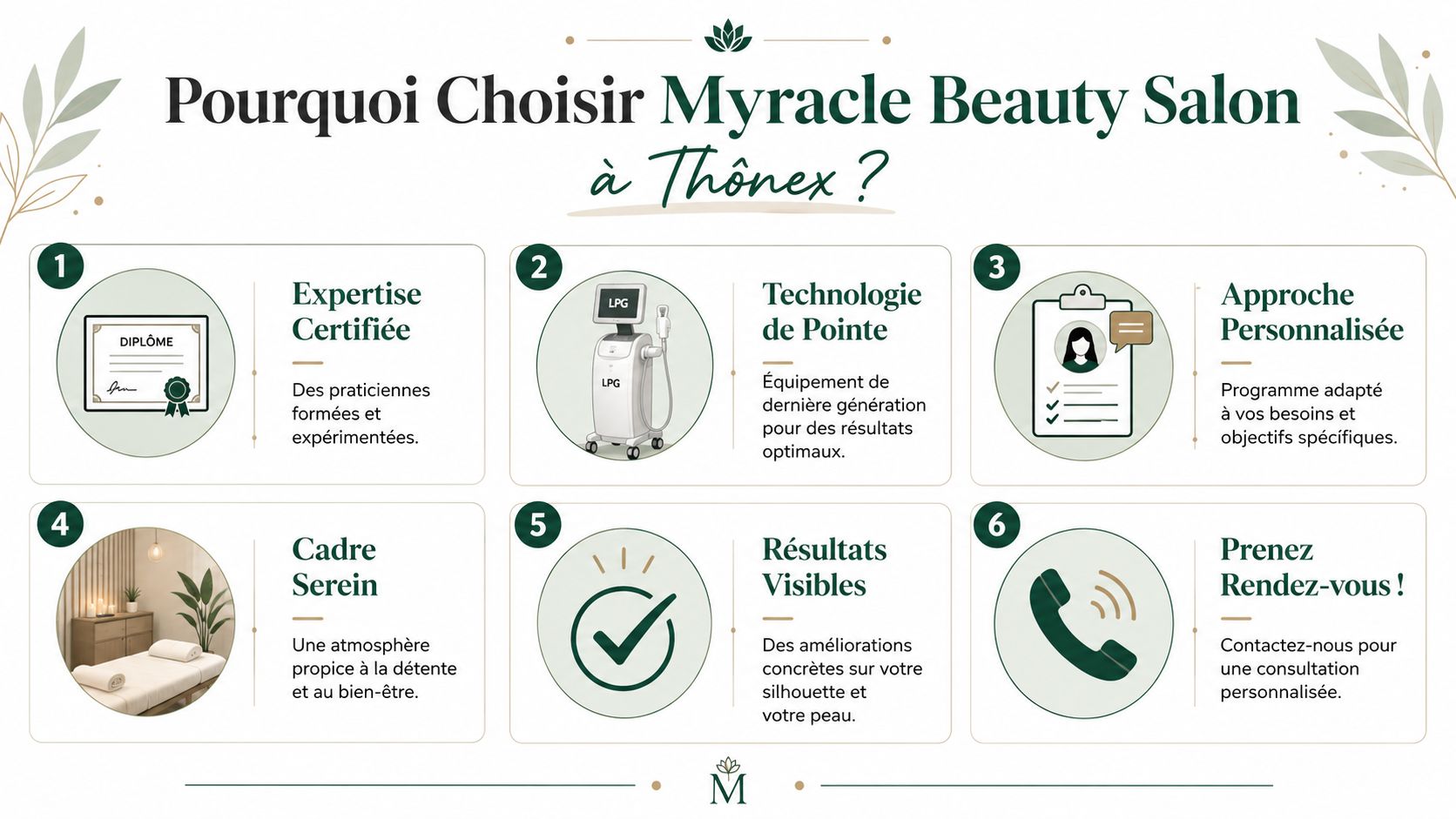 Infographie présentant six raisons de choisir le salon de beauté Myracle à Thônex pour des soins experts.