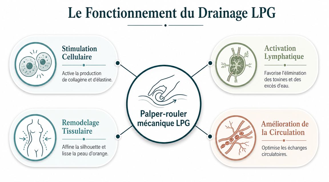 Schéma explicatif montrant les quatre bienfaits du drainage LPG sur le corps et la peau.