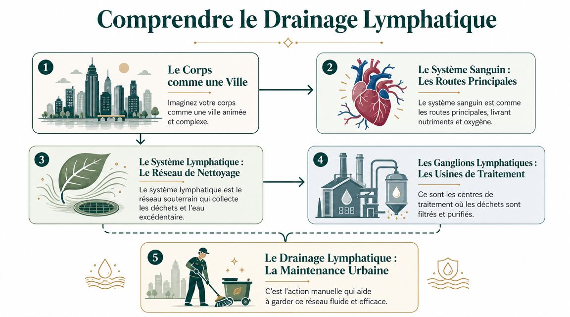 Infographie explicative comparant le drainage lymphatique au nettoyage et à la maintenance d'une ville animée.