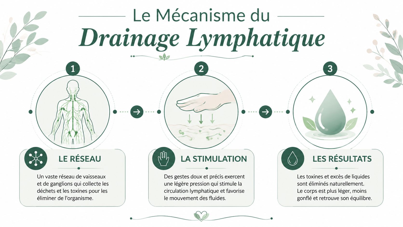 Illustration montrant les trois étapes du mécanisme de drainage lymphatique pour améliorer la circulation et l'élimination.