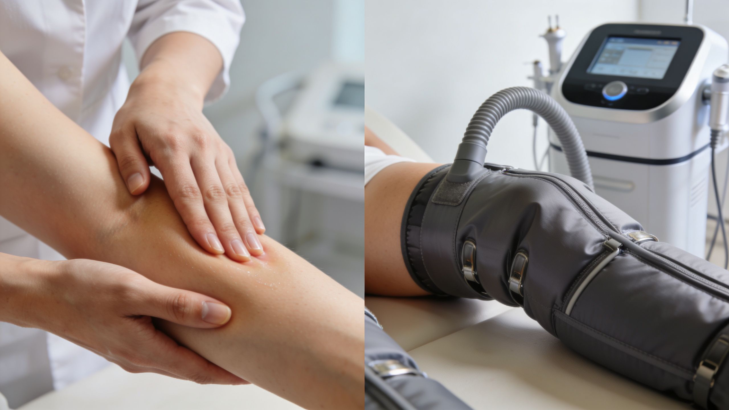 Une professionnelle effectuant un soin de drainage lymphatique manuel et mécanique sur les jambes d'une cliente.