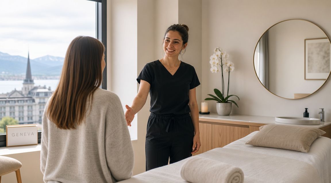 Une praticienne souriante accueille chaleureusement une cliente dans un institut de bien-être haut de gamme à Genève.