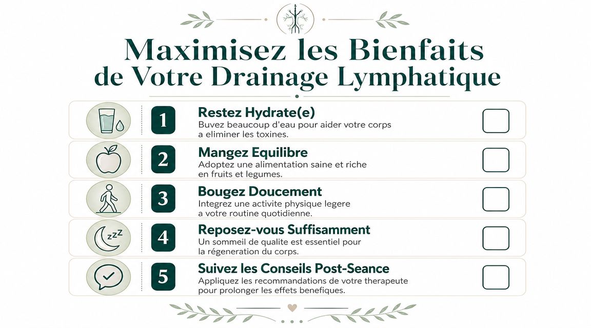 Une liste de conseils illustrés pour maximiser les bienfaits d'une séance de drainage lymphatique après le traitement.