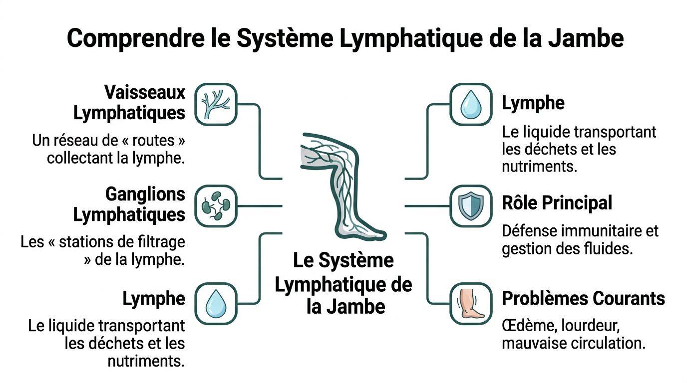Schéma explicatif des composants du système lymphatique de la jambe, incluant les vaisseaux, ganglions et la lymphe.
