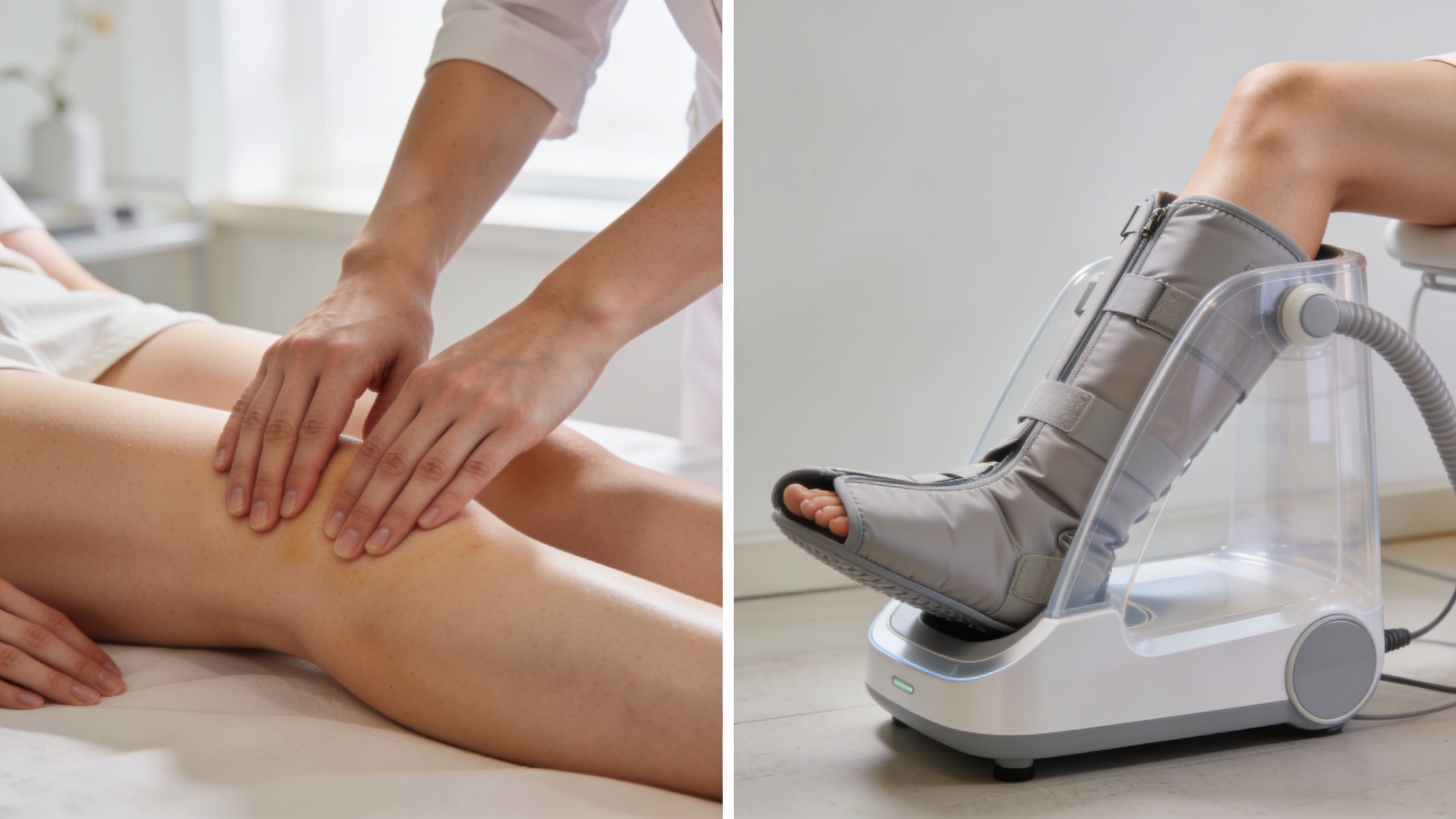 Une comparaison entre un massage manuel des jambes et un appareil de pressothérapie pour le drainage lymphatique.