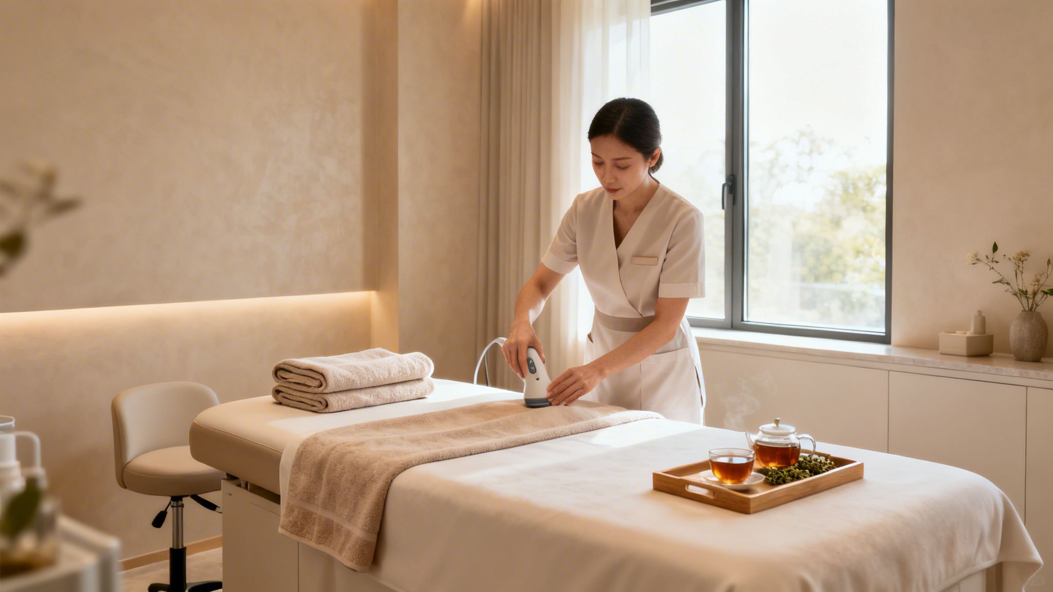 Une esthéticienne prépare une table de massage dans un spa moderne, utilisant un appareil sur une serviette, avec du thé à proximité.