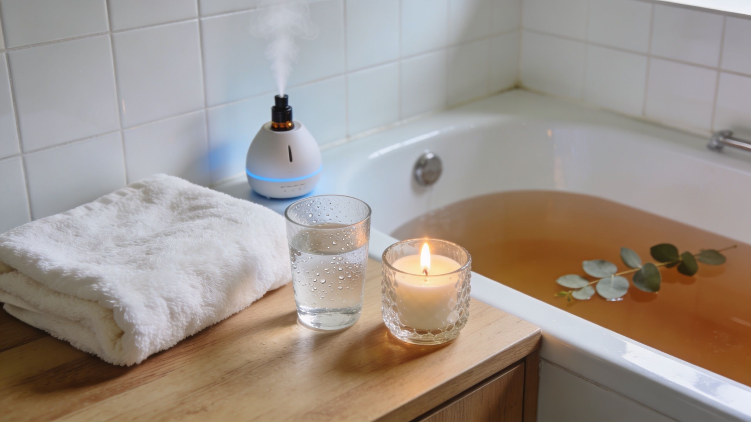 Une baignoire remplie d'eau infusée avec une serviette propre, une bougie allumée et un diffuseur d'huiles essentielles.