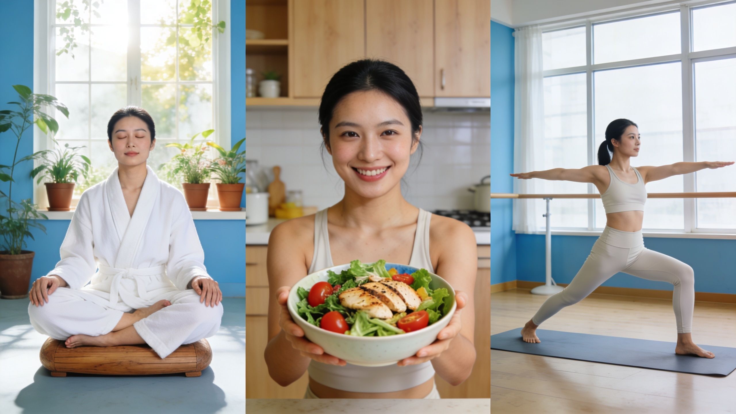 Une femme pratiquant le bien-être par la méditation, une alimentation saine et des exercices de yoga.