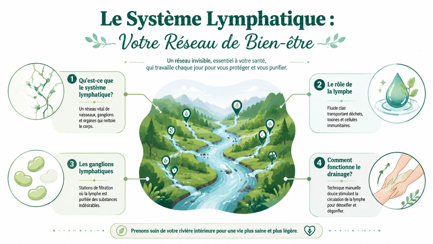 Une infographie éducative sur le système lymphatique, expliquant son rôle, sa filtration et le drainage lymphatique manuel.