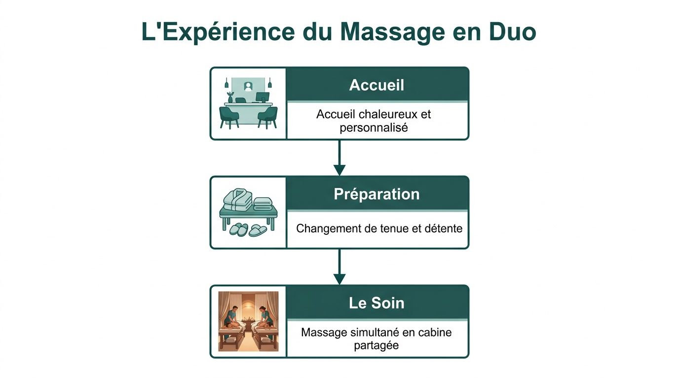 Un schéma en trois étapes illustrant le déroulement d'un massage en duo, de l'accueil au soin.