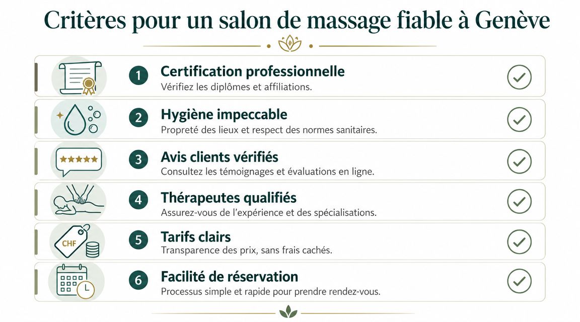 Infographie présentant six critères essentiels pour choisir un salon de massage fiable et professionnel à Genève.