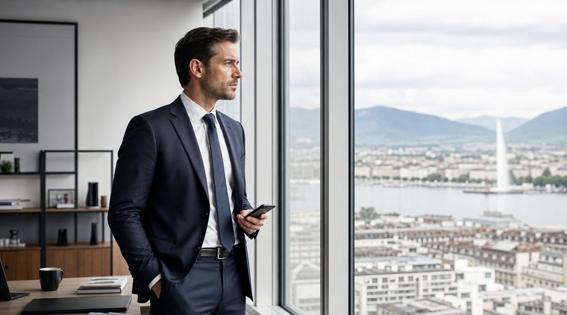 Un homme d'affaires élégant en costume regardant par la fenêtre un panorama urbain de la ville de Genève.