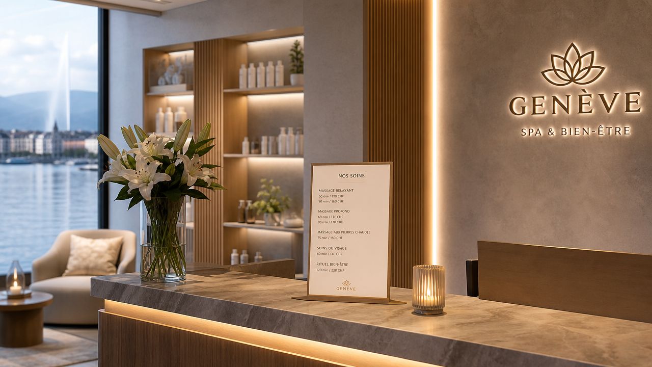 Réception luxueuse d'un spa à Genève avec un menu de soins et une vue imprenable sur le lac.