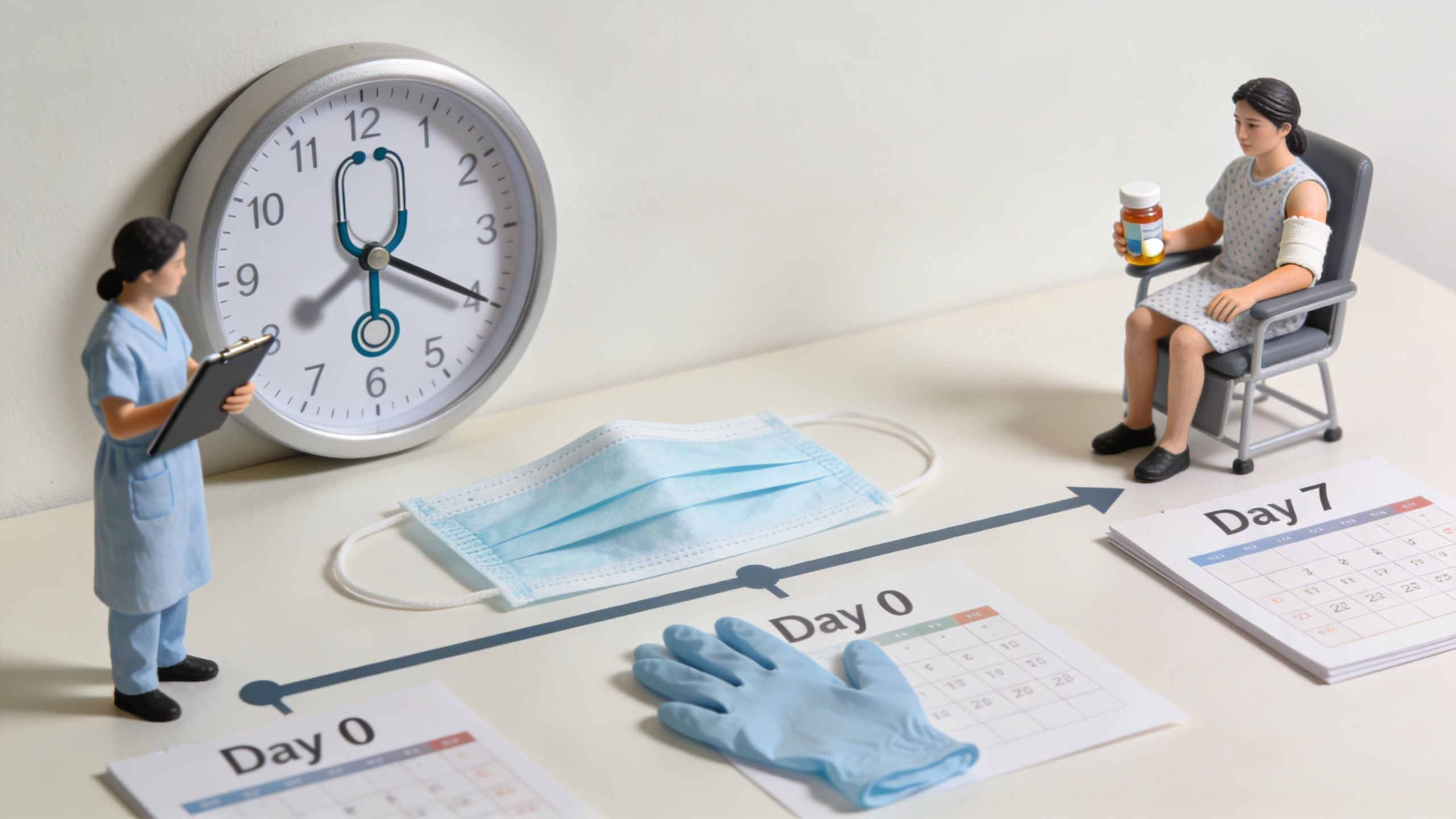 Représentation miniature montrant une infirmière, une patiente et des accessoires médicaux illustrant un suivi postopératoire.