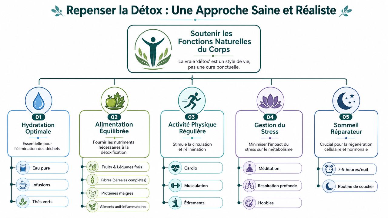 Infographie illustrant une approche saine et réaliste de la détoxification par des habitudes de vie quotidiennes.