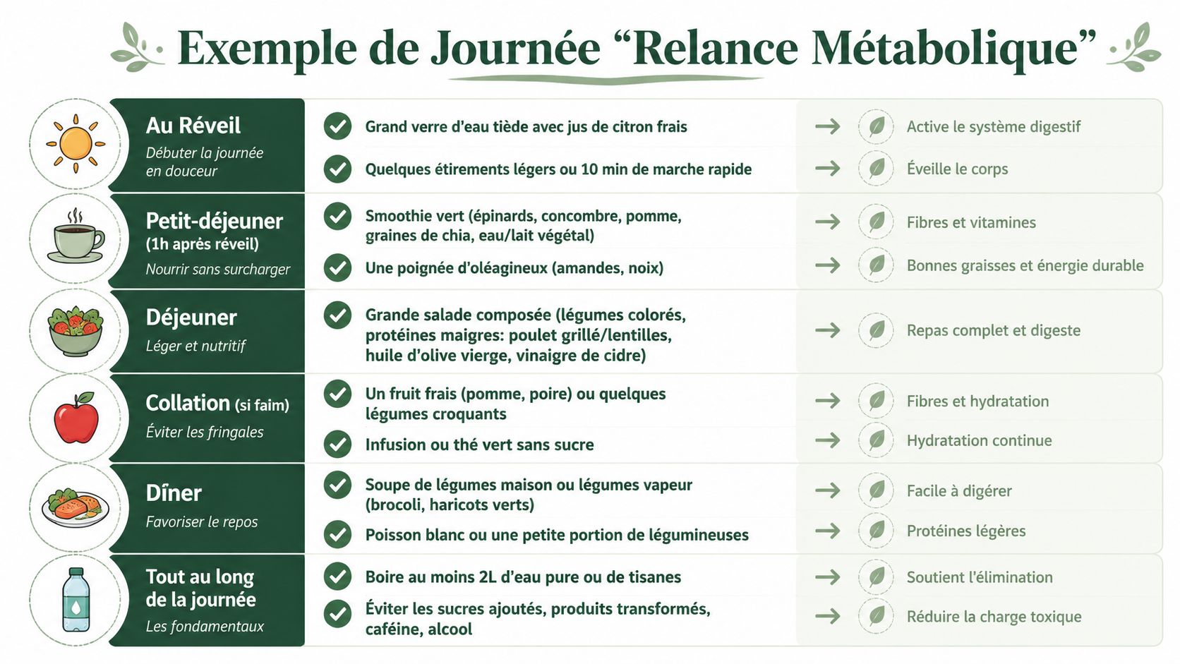 Tableau récapitulatif d'une journée type pour une relance métabolique saine avec des conseils alimentaires et d'hydratation.
