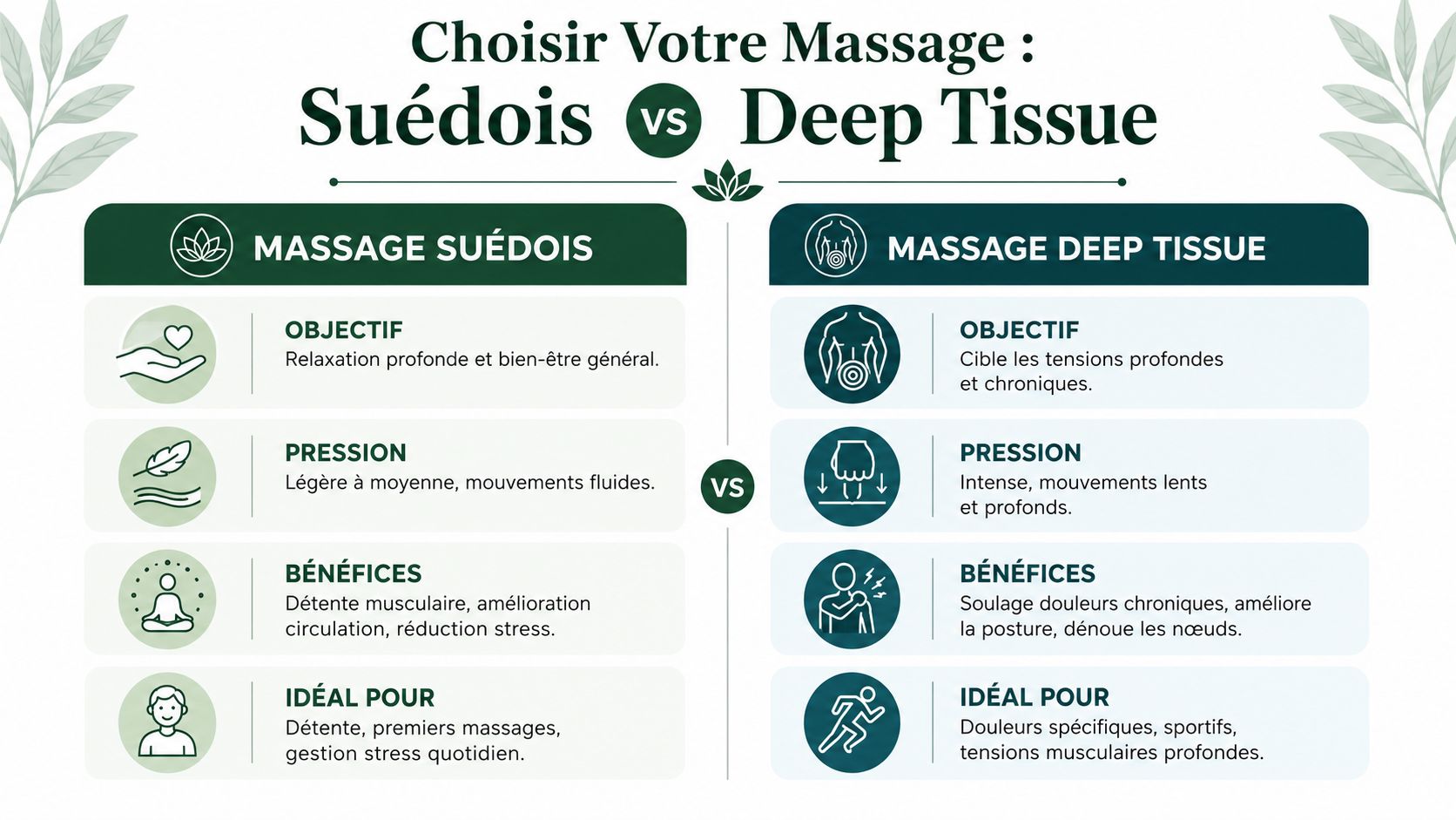 Tableau comparatif illustrant les différences entre le massage suédois relaxant et le massage deep tissue thérapeutique.