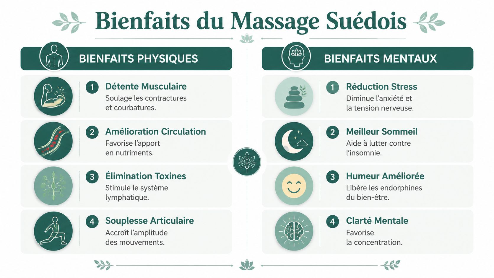 Infographie illustrant les nombreux bienfaits physiques et mentaux du massage suédois pour la santé et le bien-être.
