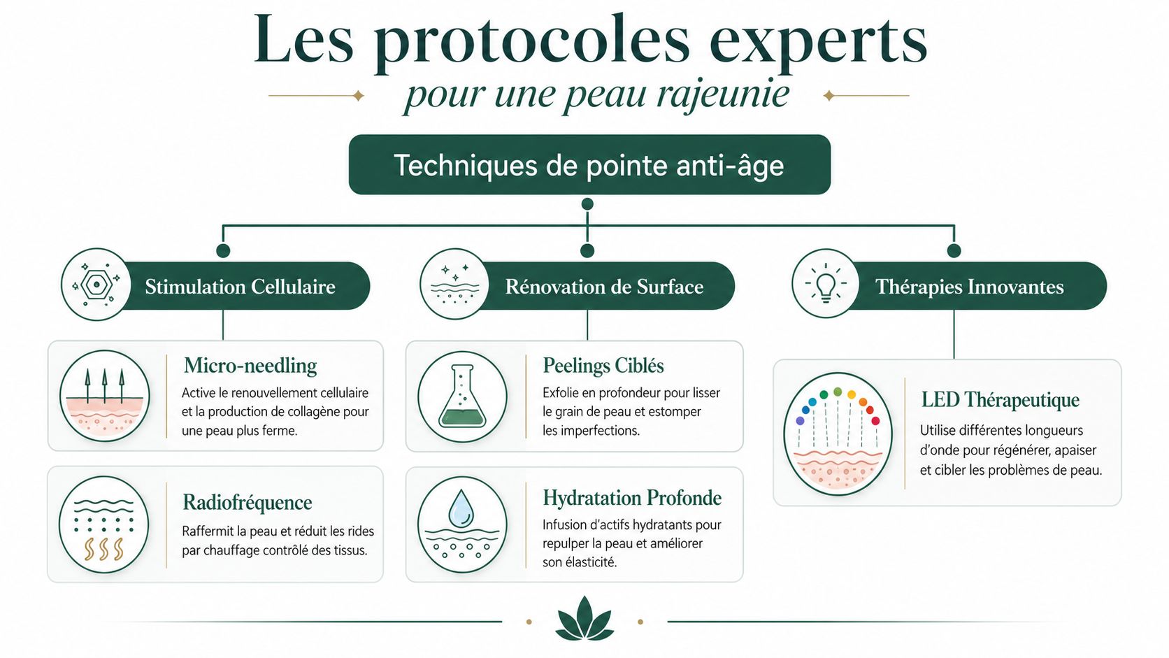 Infographie présentant les différents protocoles experts de soins du visage pour une peau rajeunie et éclatante.