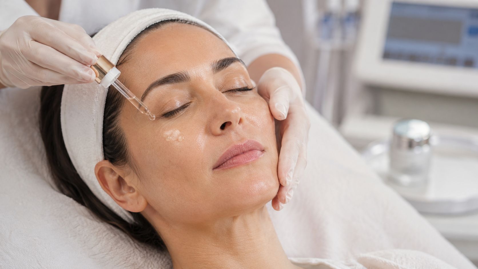 Une esthéticienne applique un sérum hydratant sur le visage d'une femme lors d'un soin professionnel
