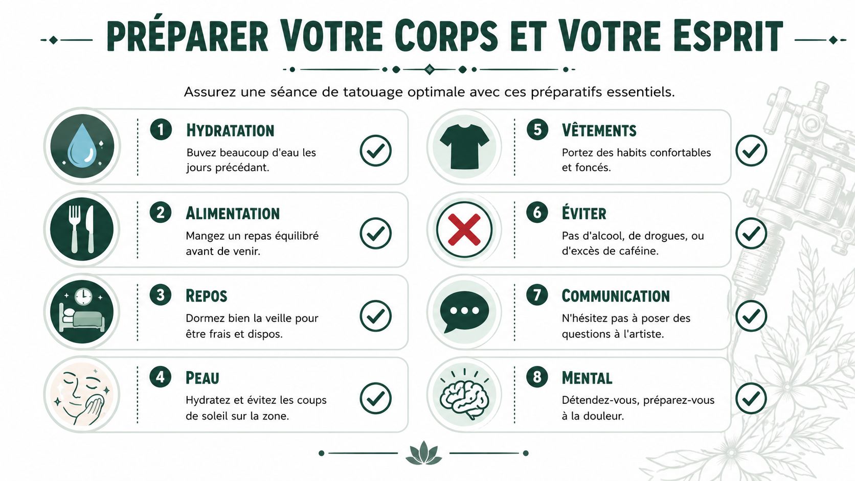 Une infographie montrant huit conseils essentiels pour bien se préparer avant une séance de tatouage professionnel.