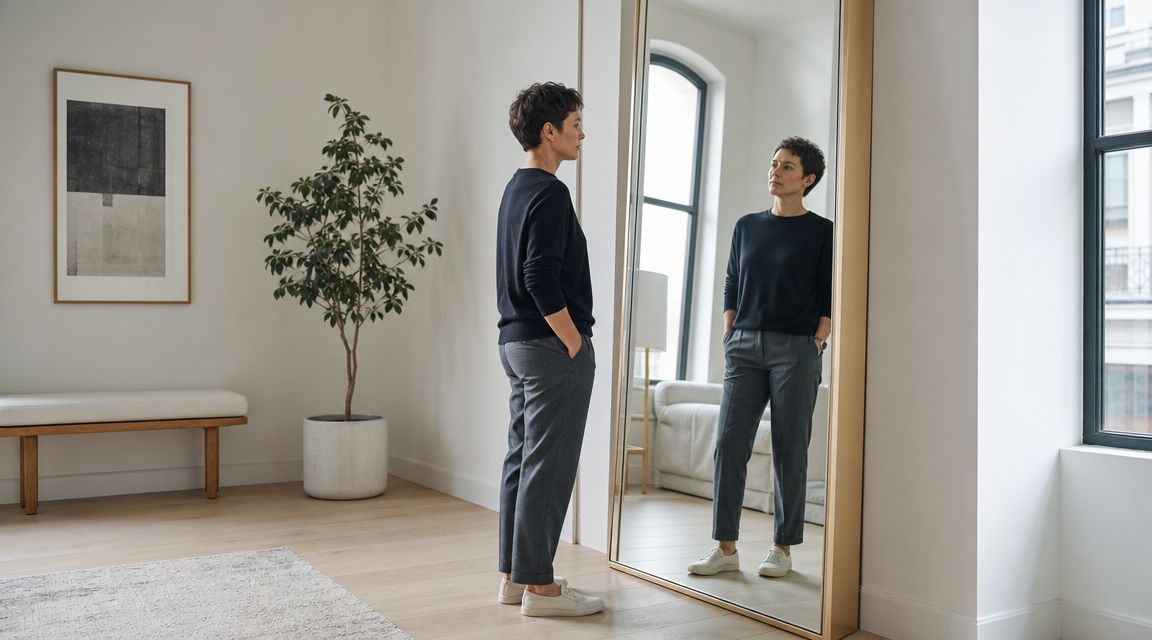 Une femme aux cheveux courts se regarde dans un grand miroir dans un salon minimaliste et lumineux.