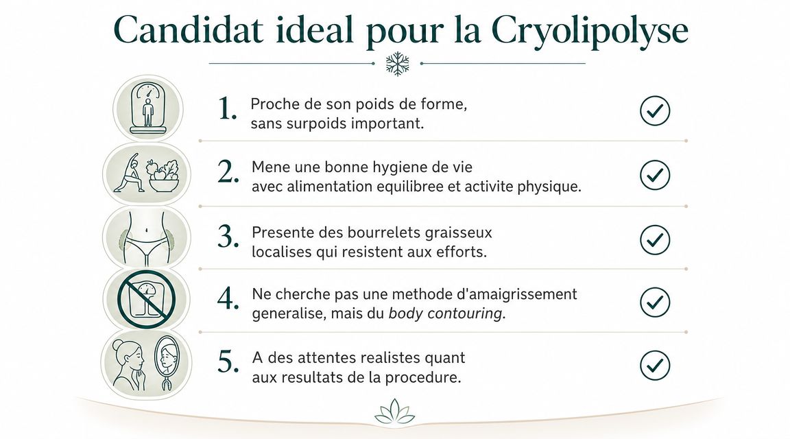 Une infographie listant les cinq critères pour être un candidat idéal à la procédure de cryolipolyse.