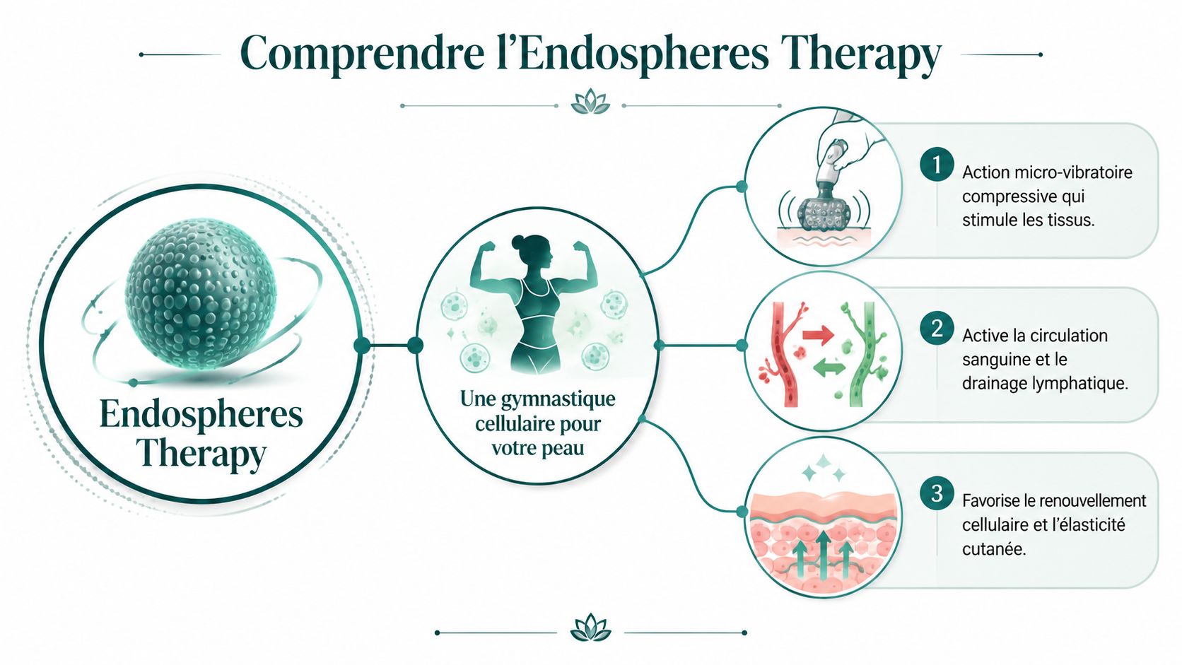 Infographie illustrant le fonctionnement et les avantages de la thérapie Endospheres pour la peau et le corps.