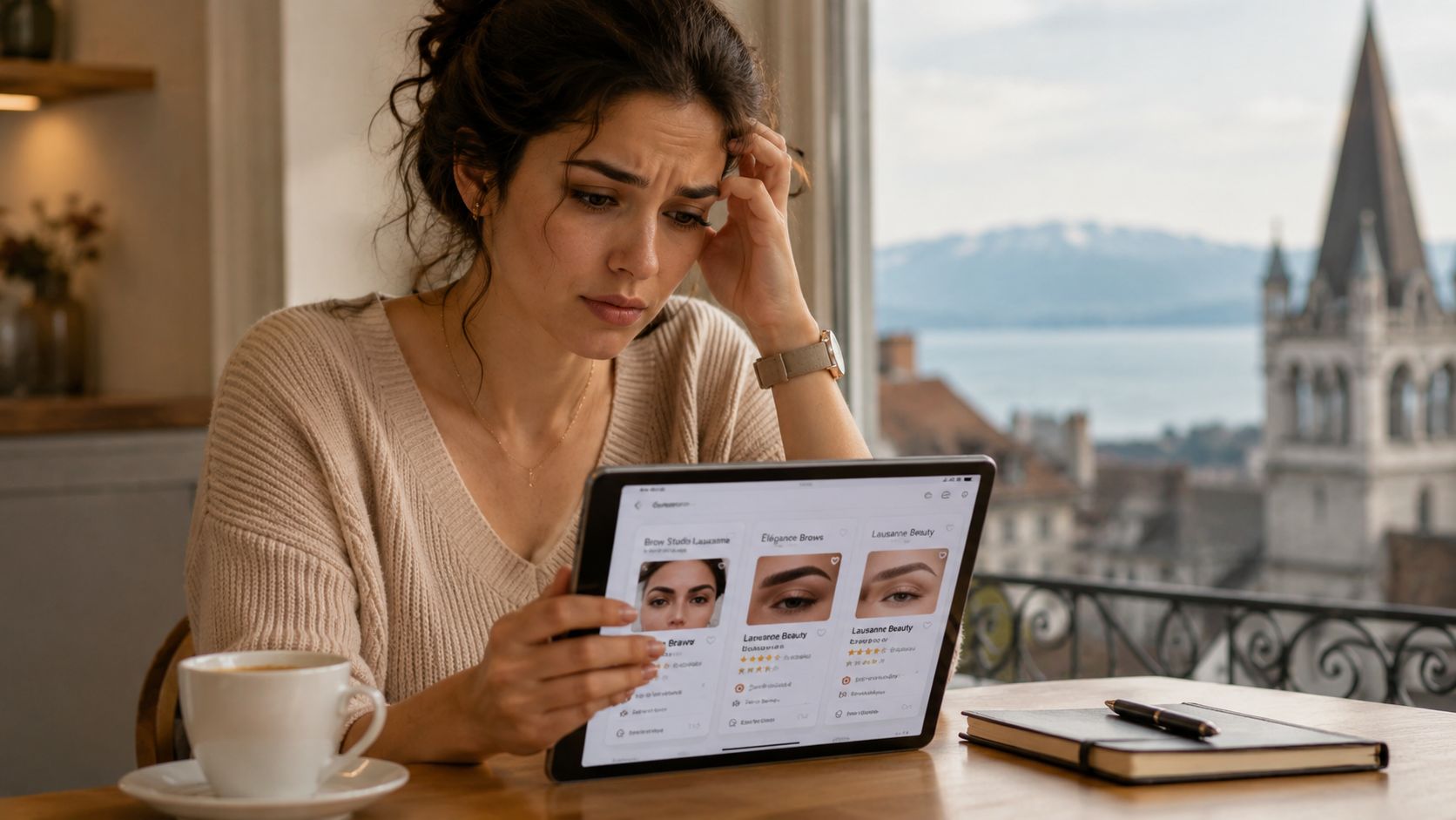 Une femme pensive regarde les services d'épilation des sourcils à Lausanne sur sa tablette devant la fenêtre.