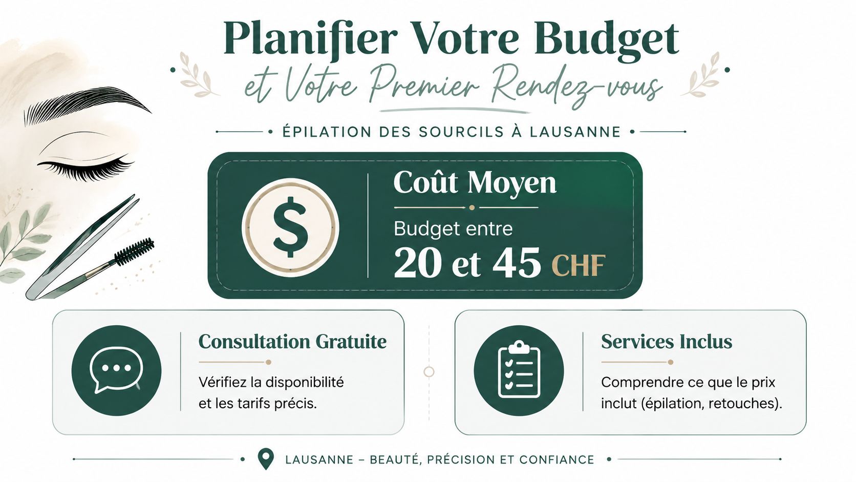 Une affiche informative sur le coût moyen d'une épilation des sourcils à Lausanne, entre 20 et 45 CHF.