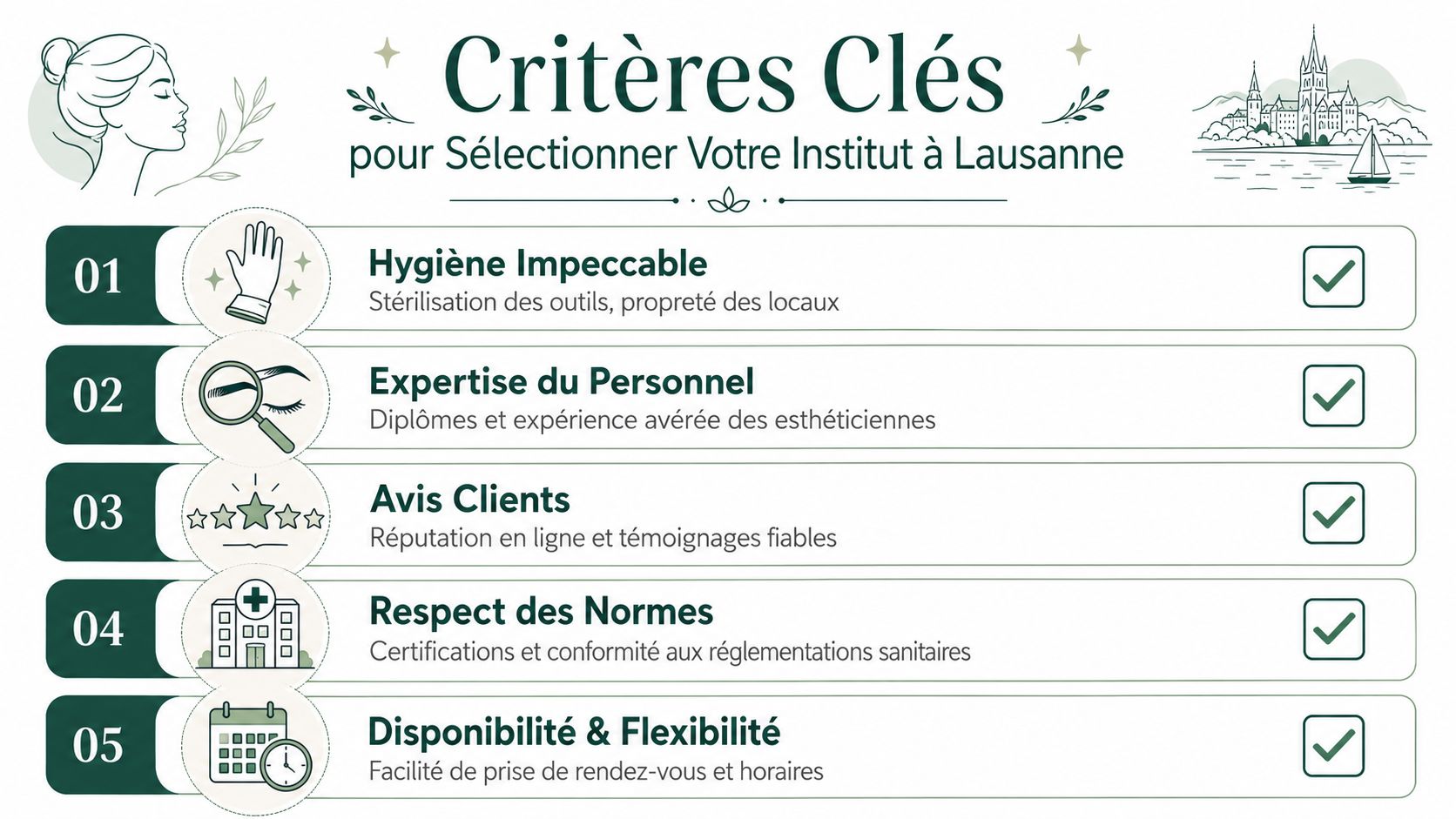 Infographie présentant cinq critères essentiels pour bien choisir son institut de beauté à Lausanne en toute confiance.