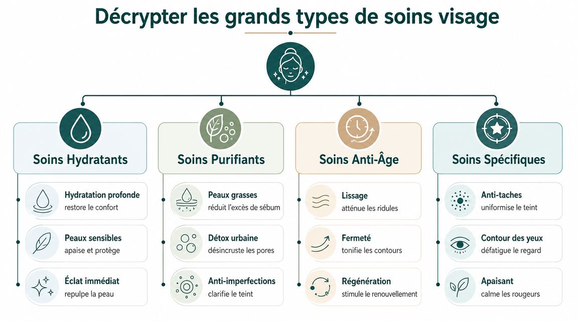 Infographie illustrant les différents types de soins pour le visage, des hydratants aux soins spécifiques ciblés.
