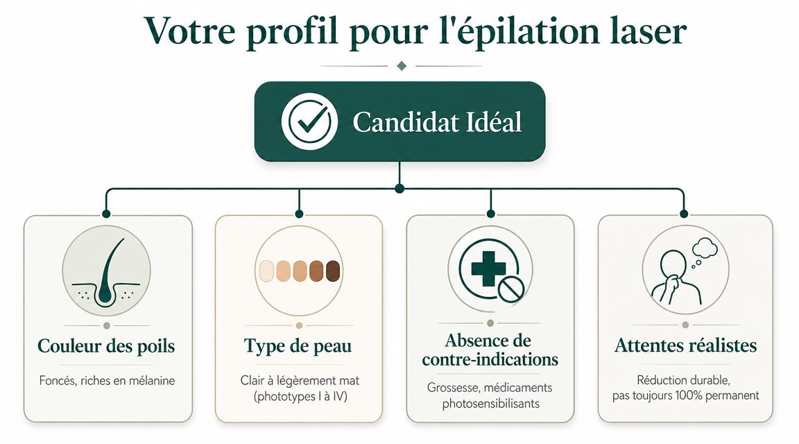 Infographie montrant les critères pour être un candidat idéal pour une séance d'épilation laser efficace.
