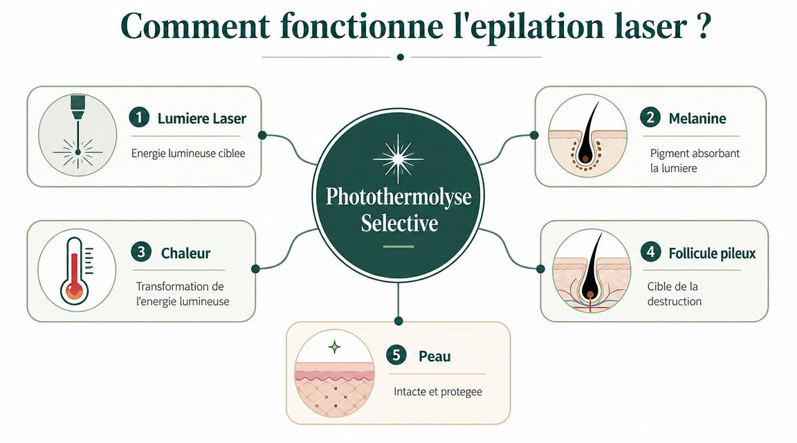 Schéma explicatif montrant le fonctionnement de l'épilation laser par photothermolyse sélective pour détruire les follicules pileux.